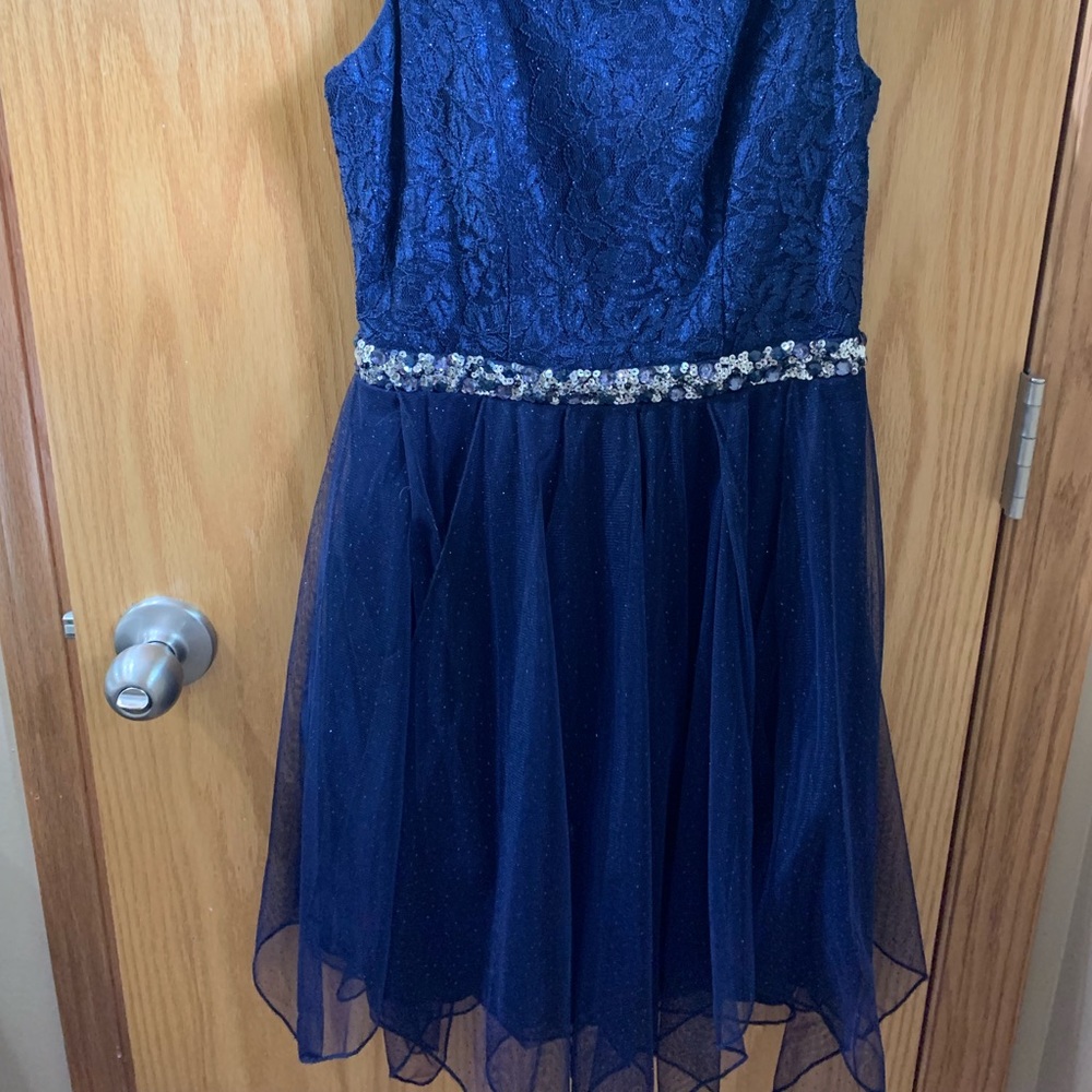 navy blue dress with sequins and rhinestones